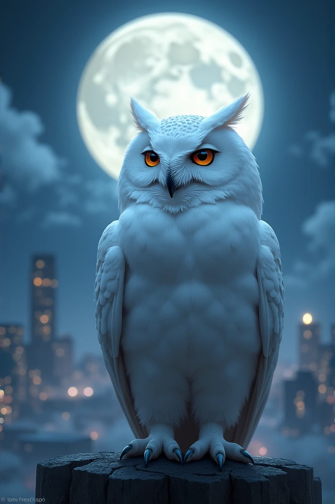 A white owl is looking this way. The background is the night sky with a full moon and the city.