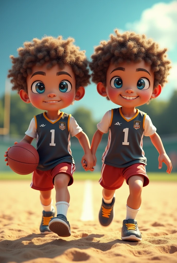 Male twins, with curly hair and blue eyes, one playing American football and the other playing volleyball, realistic image