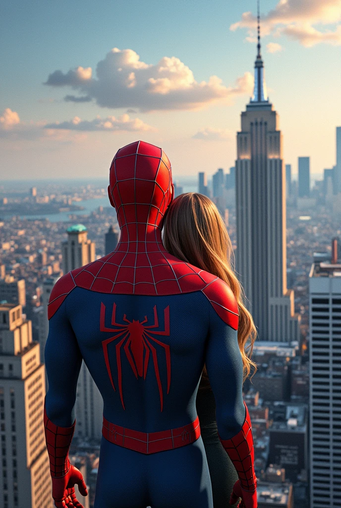 Generate a picture of Spiderman on a tower seeing new york city from there with Gwen 
