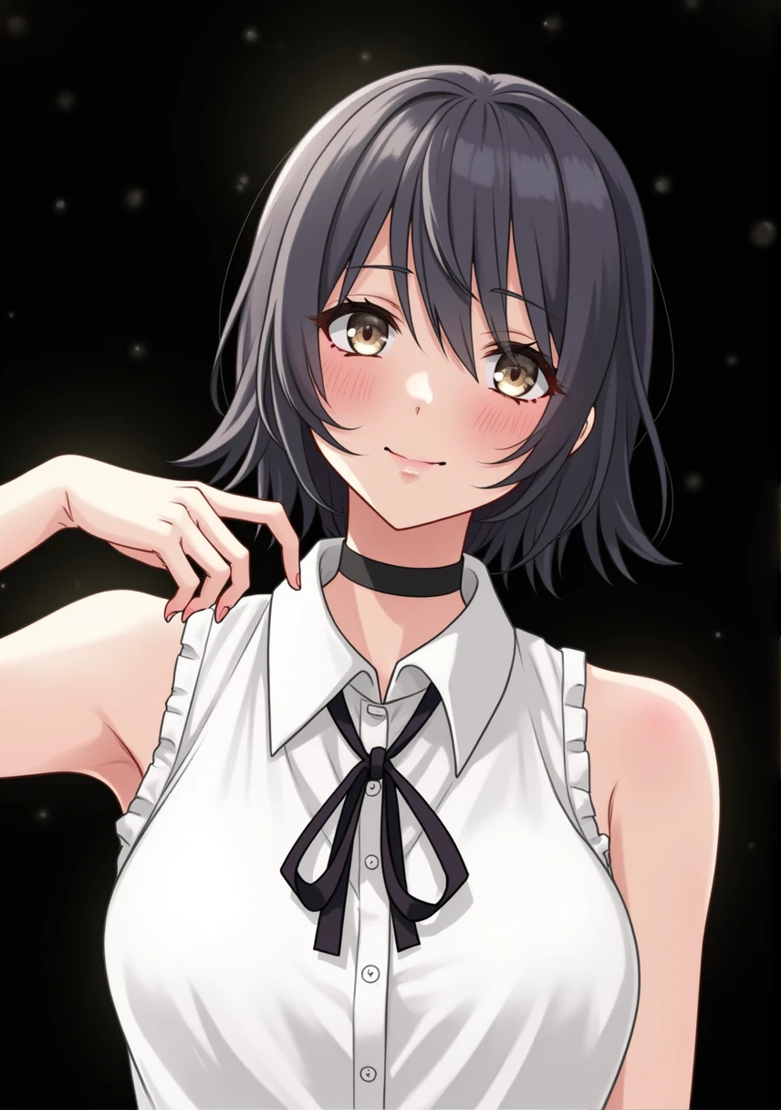 Teenage girl wearing a tank top shows her armpits in anime art style