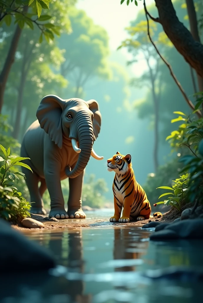 In cinematic 3D cartoon style. Discovery of the River Source:Description: The tiger and elephant have discovered the old river source. The scene shows the river starting to flow again, with water visibly trickling and slowly filling up. The background includes the surrounding jungle starting to rejuvenate with the return of water.