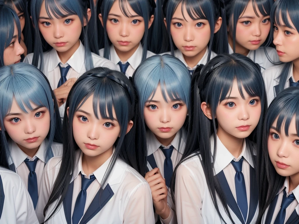 (((Clone Art、Very detailed depiction of a female avatar、8k: 1.5)))、Realistic、((16 years old))、((日本人のhigh school girl))、high school girl、((high school girl))、Beauty、woman、((Summer uniform、blue、White shirt、Skirt is light blue、White Pantyhose、Black leather shoes: 1.9))、((Black Hair、ponytail、Japan Eyes、smile: 1.9))、Beautiful Skin、Big Breasts、((There are many cloned humans who have the exact same face and body shape as the high school girl: 1.8))、Enclosure、数万人のhigh school girl、Standing、sitting、((crowd、Group、Intensive))、(((top view)))