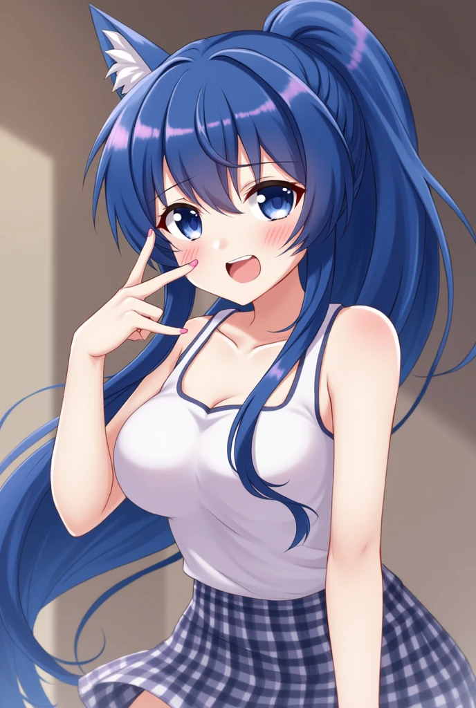 ((Highest quality)), ((masterpiece)), (detailed), One girl,long hair,bluehair,navy eyes,beauty,ponytail,Slanted Eyes、Bad look in the eyes,アニメ,game cg,shiny skin,huge breasts,large breasts,,child, very long hair、Tank top,blouse,,evil smile,Have staff