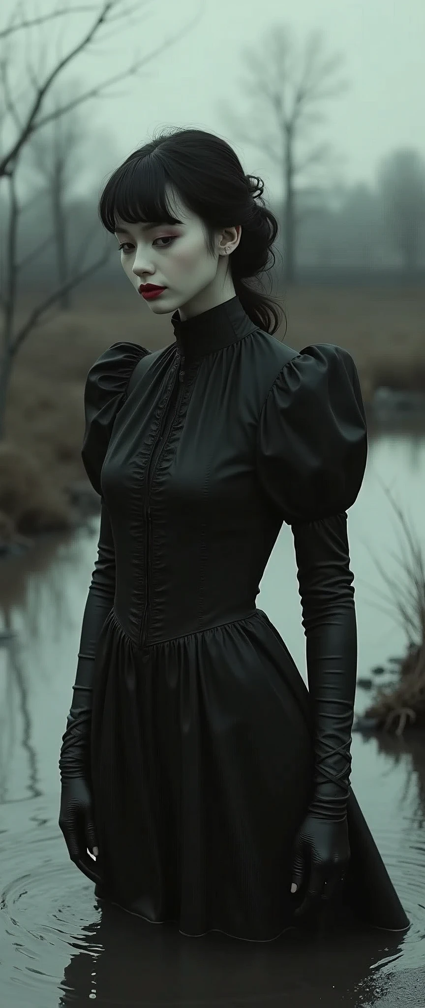 monochrome film, drama, stuck in bog,high-neck style, closed Puritan dress, short mini-dress, hips:1.2, high-neck dress, aristocratic hairstyle, stockings with garters, red lips, goth, aristocratic, gloves, artwork