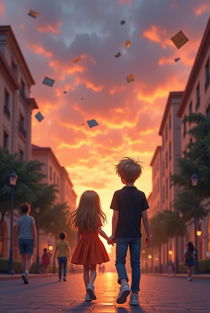 Create an image showing a square at dusk, with a sky in shades of orange and pink, creating a romantic and slightly dramatic atmosphere. On price, THREE characters appear. an 18 year old young man, blond, with blue eyes and white skin, is wearing a black polo shirt, jeans and sneakers branco. He is walking to the right of the picture., while a young girl, next to the boy, also walking to the right, also 18 years old, blonde, with long hair down to the middle of her back and blue eyes, wears an orange evangelical dress and walks beside him, but deeper, suggesting an emotional distance. In the opposite direction, coming from the left, there is another 18 year old girl, with light brown wavy hair, eyes browns, wearing a yellow tank top, jeans and sneakers. The boy and the girl who are coming opposite, look at each other intensely, as if something profound was being shared between them. There are several old letters flying around, representing a lost communication in the past. The image should convey the desire for reconnection and the longing for something that was lost., using warm evening tones to emphasize the romantic and nostalgic atmosphere.
