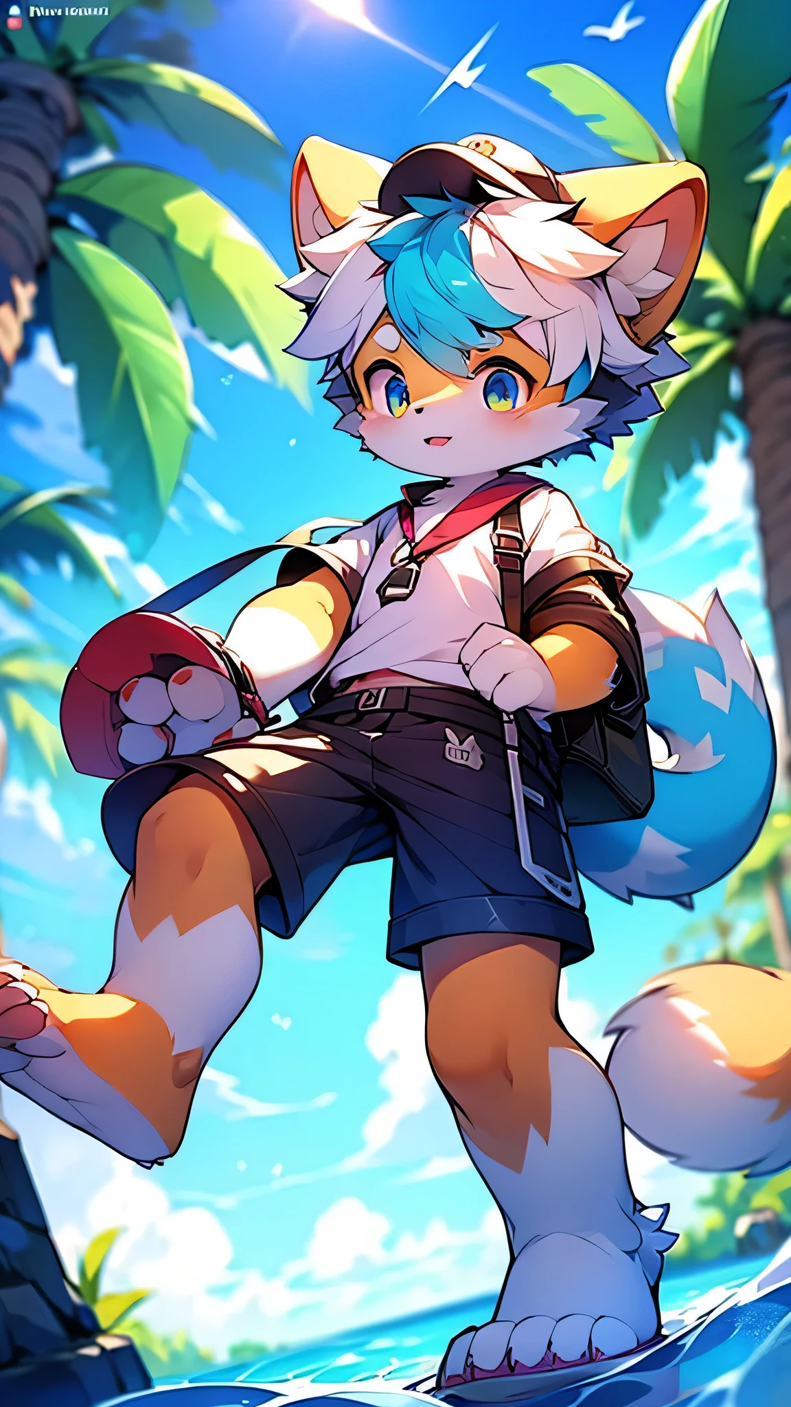 Red Panda Boy,School,student,Ultra-fine,Exact details,4K ultra-vivid,Cute Face,Fluffy fur,Furry,Water Play,swimming,Ocean,Cute art style in anime,(14-year-old boy)sunset,single,alone,Red collar and leash,