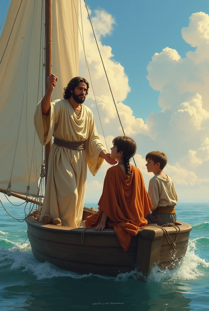 Realistic Jesus Christ sailing in a boat with a girl and a boy dressed in