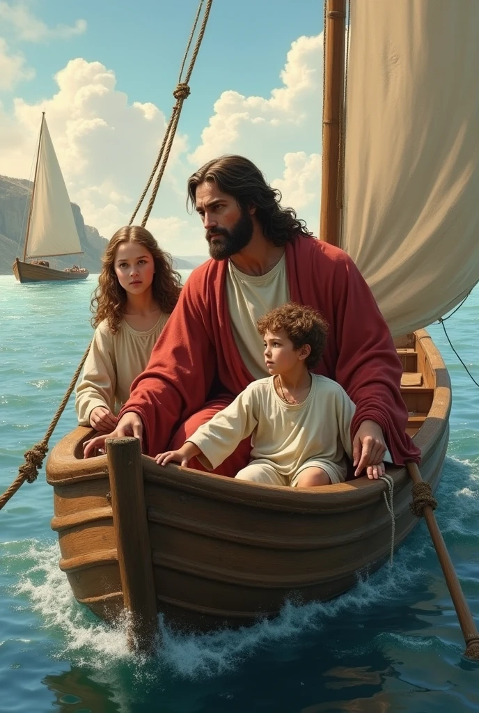 Realistic Jesus Christ sailing in a boat with a girl and a boy dressed in 