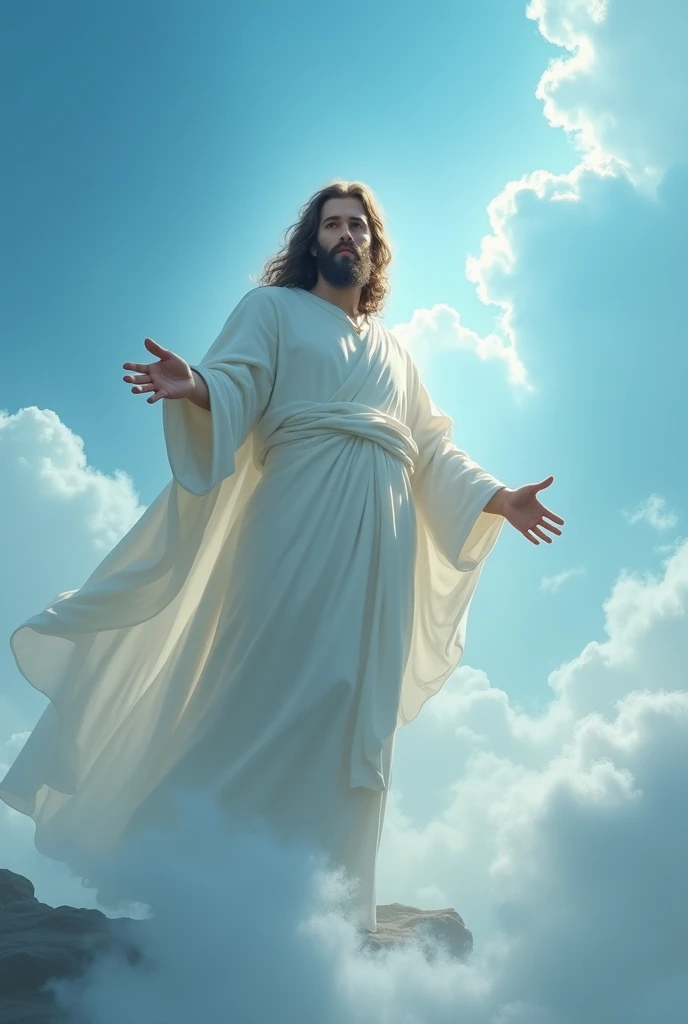 Jesus extending his hand forward and behind him is a blue sky