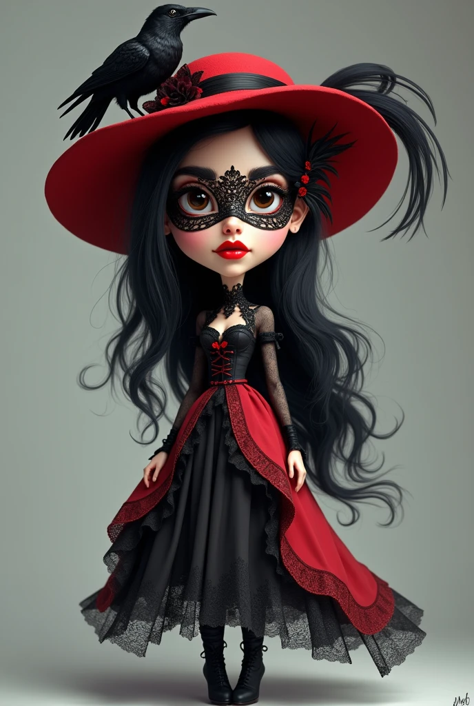 **4d caricature with a big head, a beautiful realistic woman, long black hair, wearing a red hat, wearing black boots, with a black crow on it, a black ribbon & a big black feather, she is wearing a black & red lacy half mask with a pattern complicated, she has bright red matte lips, black & red lace long dress with high lace collar, full body, calm gray background**