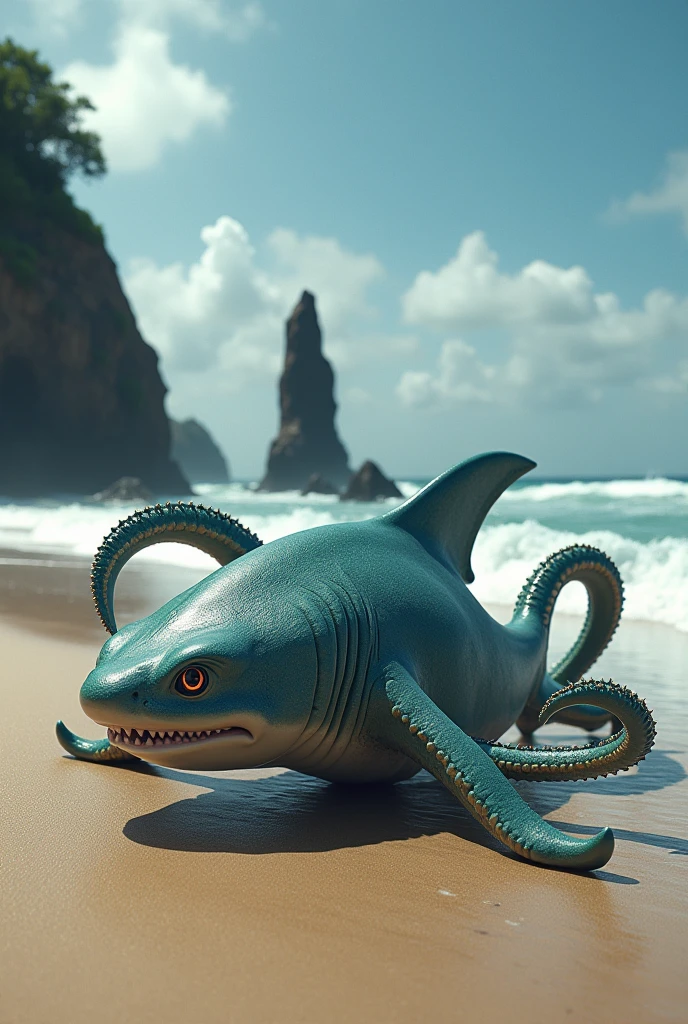 A squid mixed with a shark on the beach