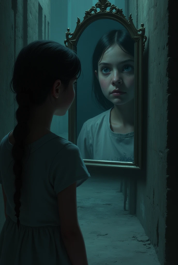When a girl looks at his face in horrorface mirror, there is a ghost in his alley