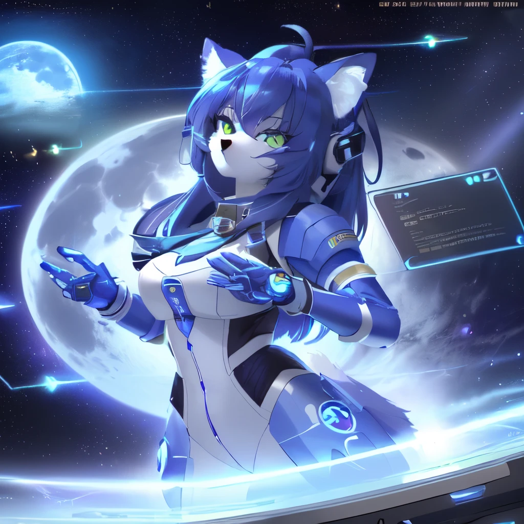 A close-up of a person holding a cell phone in front of a planet., star fox krystal, monitoring echo, high resolution commission, Fully robotic!! cat girl, desktop wallpaper, moon themed outfit, Anthro Art, female fursona, Ahri, silver fox art, anthro leg pov art, fursona art, portrait den masterpiece