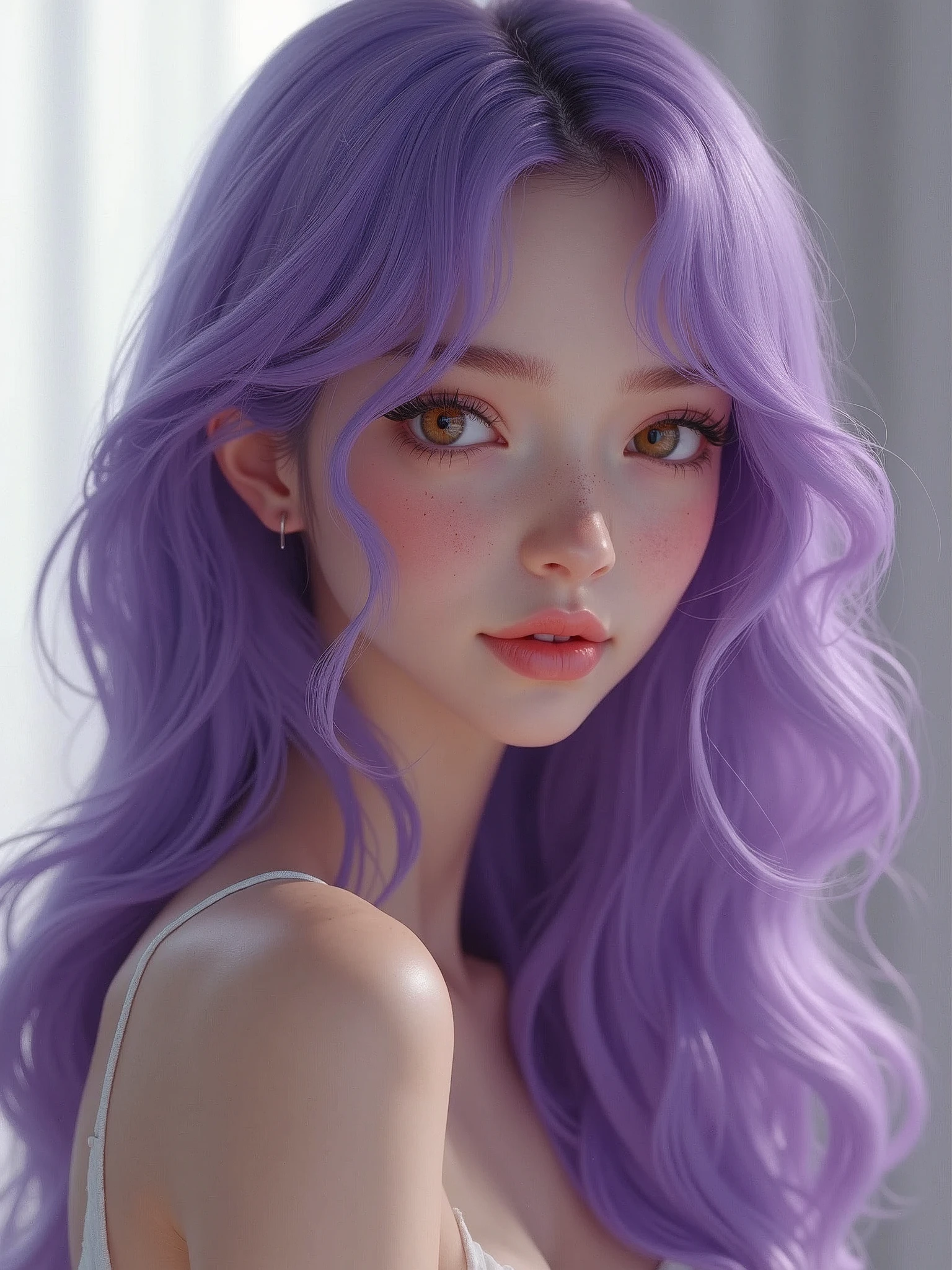 Create an ultra-realistic cute girl with long purple hair, honey-colored eyes, and a light skin tone