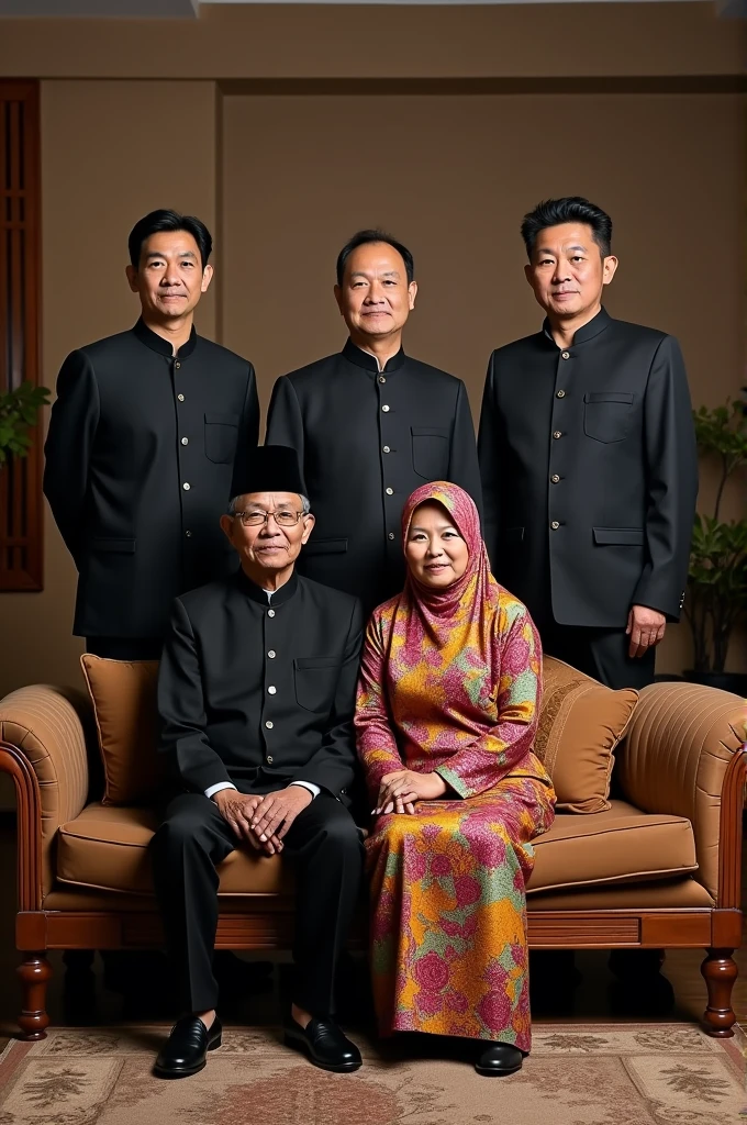 A touching portrait of an Indonesian family gathered in a comfortable empty guest room, exuding a sense of closeness and nostalgia. Five middle-aged men stood neatly in a row behind a brown sofa, all wearing black suits and wearing a mixture of serious and cheerful expressions. Their father, a 60-year-old man, sat at the front of the group, wearing brightly colored batik clothes and a traditional batik hat. Their mother, also 60 years old, sat beside him, wearing beautiful batik clothes and a hijab, similar to her father's clothes. The room is decorated with traditional Indonesian artifacts, creating a warm atmosphere. family members., photos, portrait photography