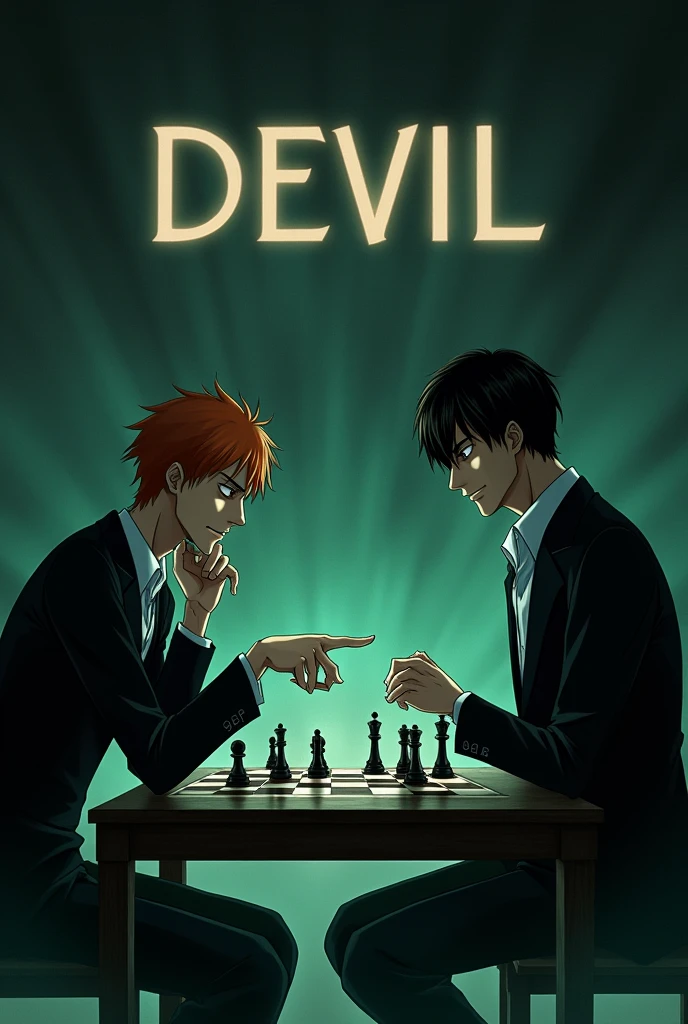 A wallpaper for phone in which aizen and urahara from bleach anime playing chess and in background a text written called DEVIL WITH BLACK AND WHITE AND GREEN MIXED DARK BACKGROUND URAHARA SHOULD HAVE DARKNED HIS EYES WITH ASMALL SMIKE AND AIZEN WITH A SMALL. SMILE