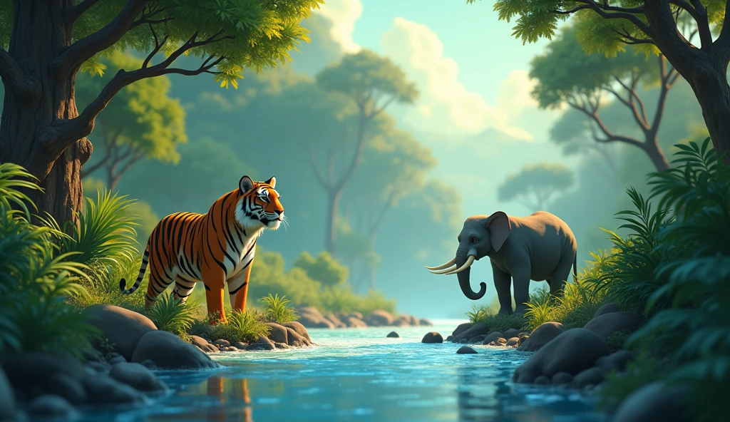 In cinematic 3D cartoon style. Discovery of the River Source:Description: The tiger and elephant have discovered the old river source. The scene shows the river starting to flow again, with water visibly trickling and slowly filling up. The background includes the surrounding jungle starting to rejuvenate with the return of water.