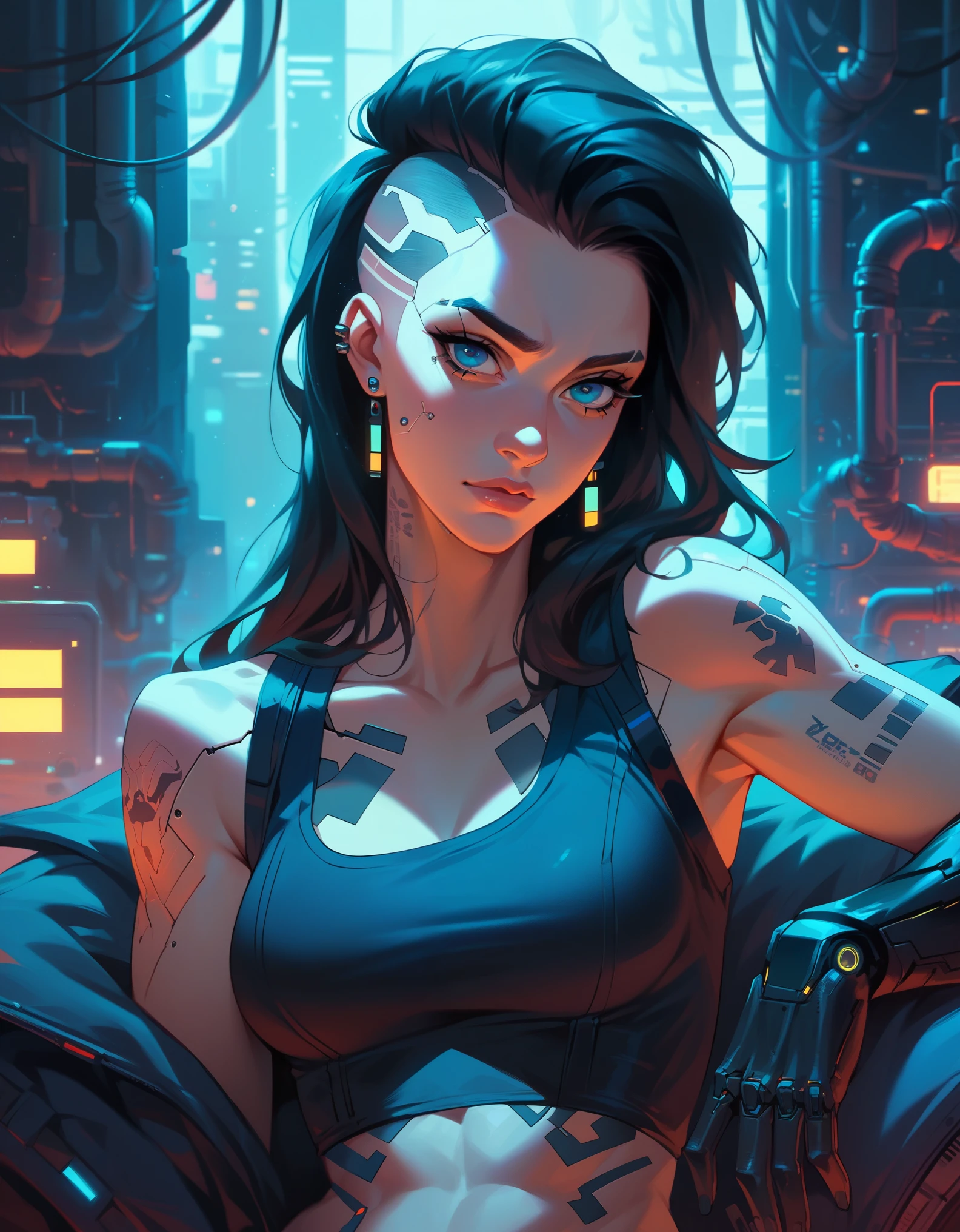 Digital illustration featuring a strong, confident woman with a futuristic and cyberpunk aesthetic. She has a fair skin tone, sharp facial features, and piercing blue eyes. Her long, dark hair is slicked back, and she has intricate tattoos covering her muscular arms. She is wearing a tight, black, sleeveless top and shiny, black gloves that extend past her elbows. The background is a dimly lit industrial setting with teal lighting, large windows, and visible pipes and cables, adding to the cyberpunk atmosphere.anatomically correct, super detailed, high quality, 4K