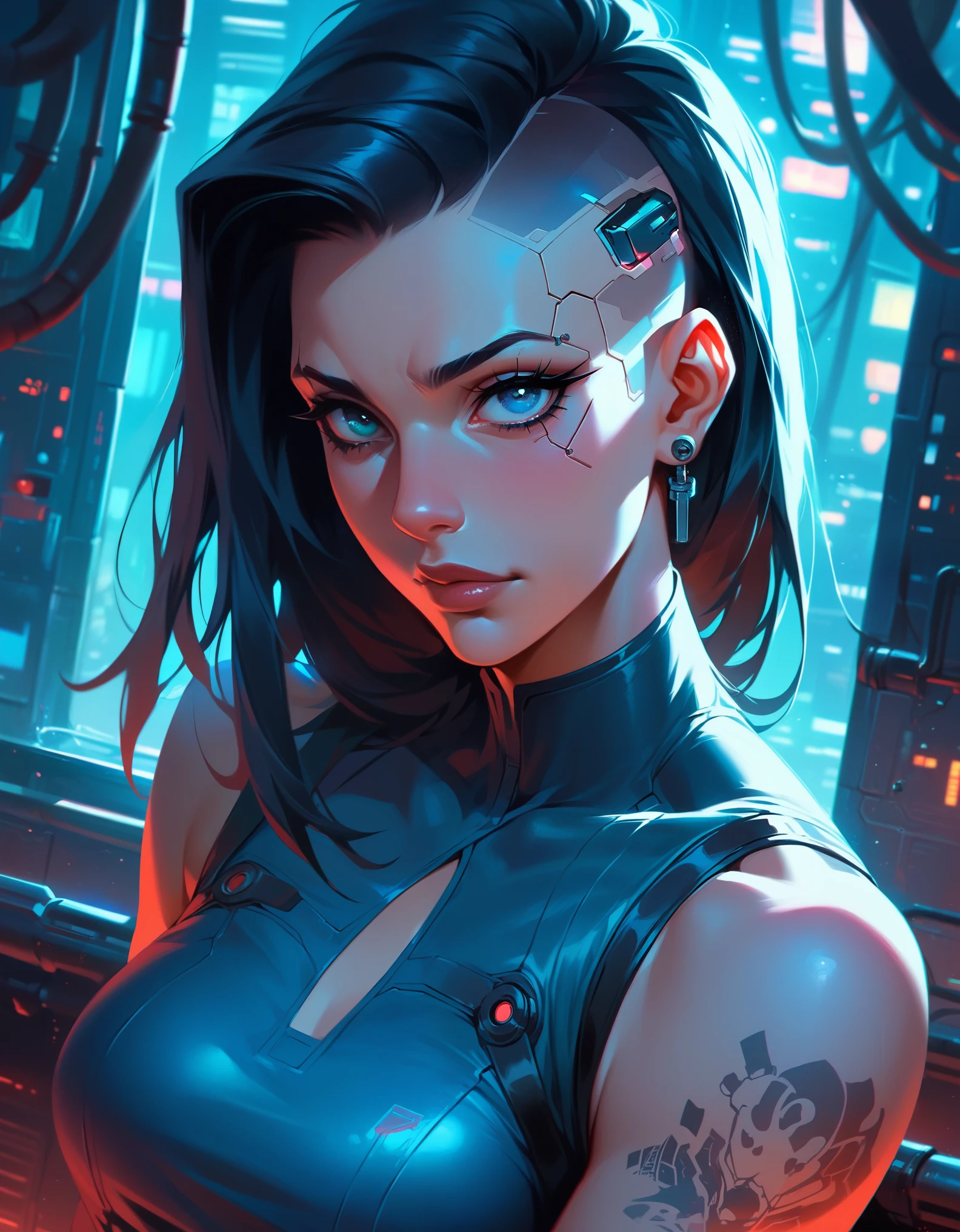 Digital illustration featuring a strong, confident woman with a futuristic and cyberpunk aesthetic. She has a fair skin tone, sharp facial features, and piercing blue eyes. Her long, dark hair is slicked back, and she has intricate tattoos covering her muscular arms. She is wearing a tight, black, sleeveless top and shiny, black gloves that extend past her elbows. The background is a dimly lit industrial setting with teal lighting, large windows, and visible pipes and cables, adding to the cyberpunk atmosphere.anatomically correct, super detailed, high quality, 4K