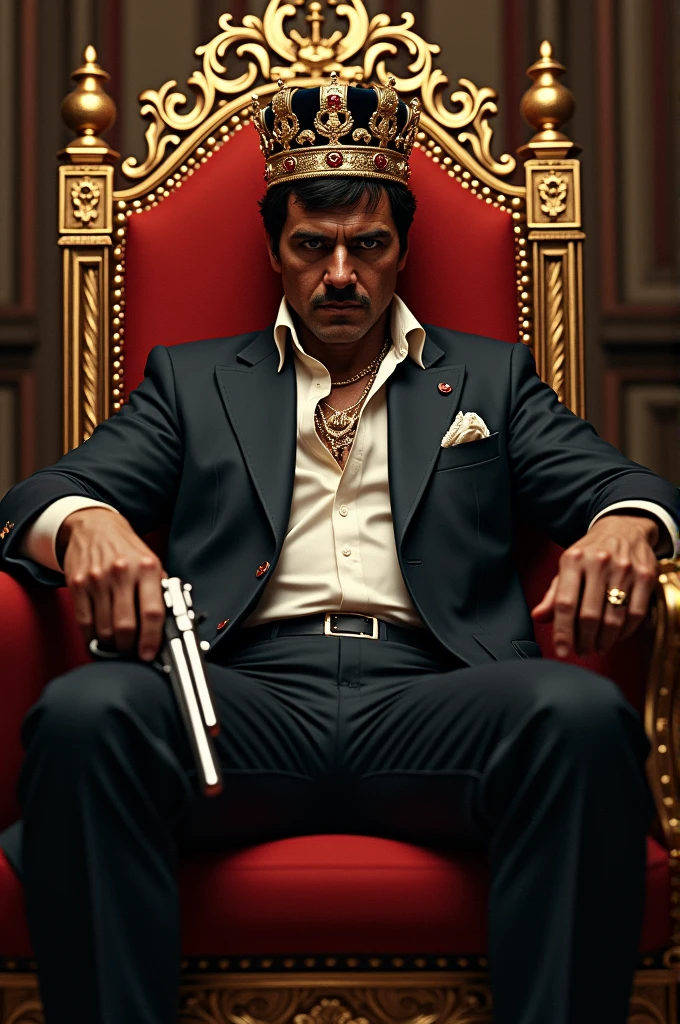 Tony Montana from Scarface sitting on a throne with a king's crown and a gun in his hand