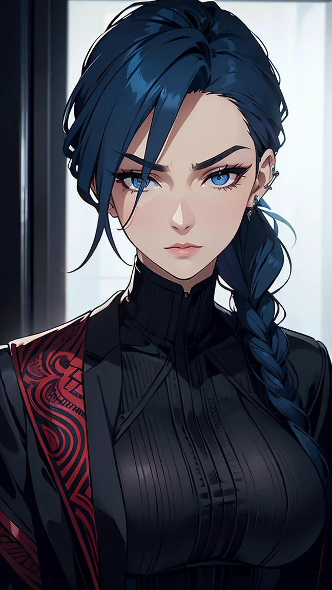 blue hair styled in a thick, long braid, glossy and striking; elongated, oblong face with high, defined cheekbones and a softly rounded chin; intense, captivating dark eyes framed by well-groomed eyebrows; full, plush, perfectly-shaped dark red lips; fitted black jacket over a high-necked dark red tshirt, modest and stylish; sleek, tailored jacket with subtle details; intricate tattoos subtly visible on right arm; modern helix piercing; calm and serious expression.