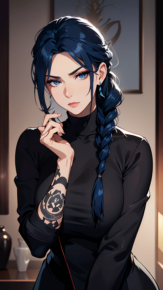 blue hair styled in a thick, long braid, glossy and striking; elongated, oblong face with high, defined cheekbones and a softly rounded chin; intense, captivating dark eyes framed by well-groomed eyebrows; full, plush, perfectly-shaped dark red lips; fitted black jacket over a high-necked dark red tshirt, modest and stylish; sleek, tailored jacket with subtle details; intricate tattoos subtly visible on right arm; modern helix piercing; calm and serious expression.