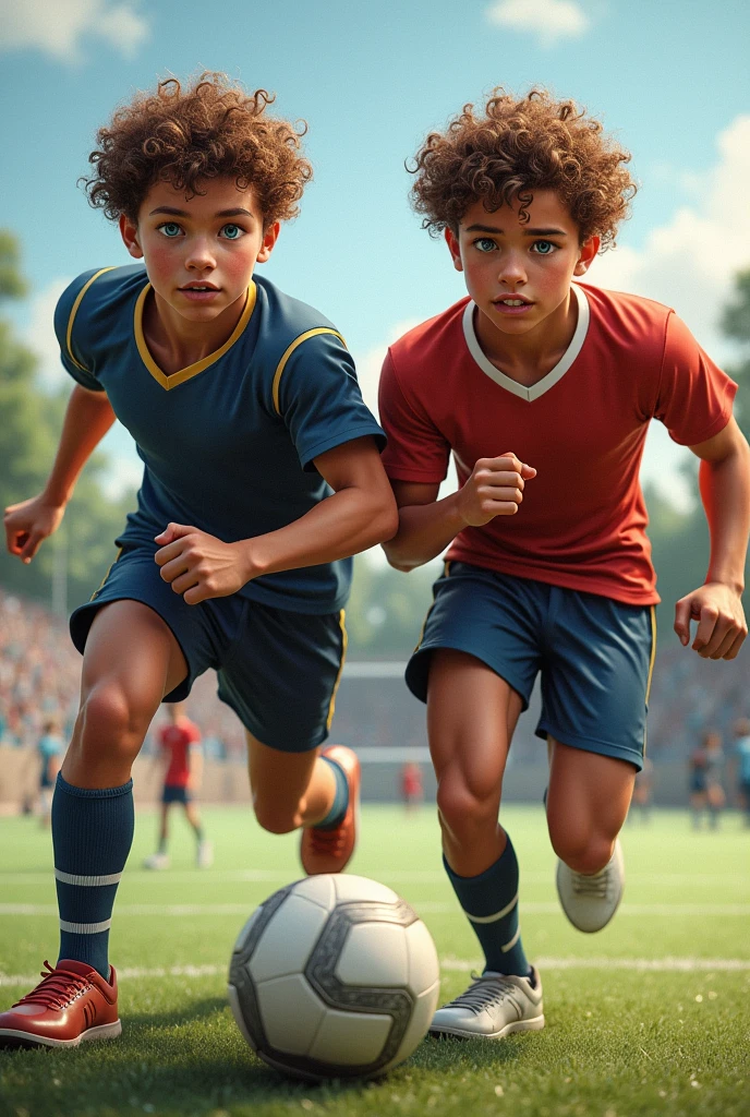 Male twins, with curly hair and blue eyes, one playing American football and the other playing volleyball, realistic image
