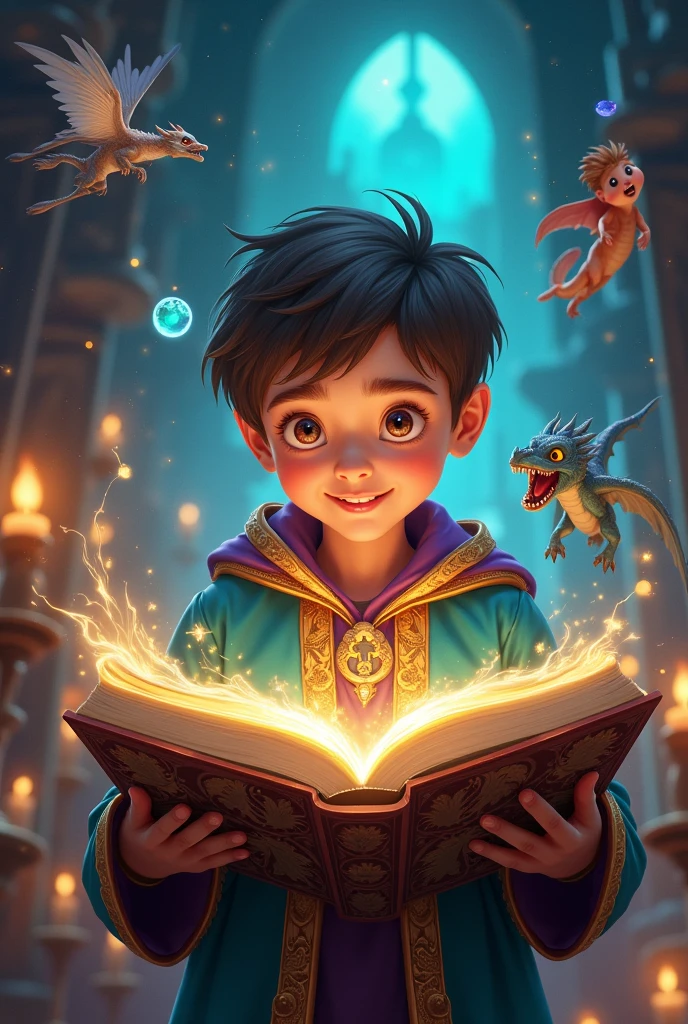 Pic of A boy with a joyful expression, deeply engrossed in a large, ornate book. He wears a richly detailed, teal and purple robe with golden trim, suggesting he's a young sorcerer. Surrounding him are his imaginary scenarios like, He is getting a magic potion, he is diving in an ocean, he is fighting with dragon. hinting at the magical world bursting forth from the book. The scene is bathed in warm, inviting light, emanating from candles and magical sources alike, creating an atmosphere of wonder and enchantment.
