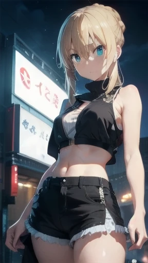 (The highest image quality, master piece:1.2), (Ultra Definition Illustration), BREAK, Saber Alter Artoria Pendragon (1 girl:1.2), BREAK, Solo, (impassive emotionless expression, cold:1.3), Full body, Round baby face, (Blonde hair in a bun:1.2), (very pale skin), BREAK, (wearing Shinjuku outfit: sleeveless short black crop top, exposed midriff), (bare thighs), (black daisy dukes), (bare shoulders, bare arms), BREAK, in ((Shinjuku at night)), camera shot from below