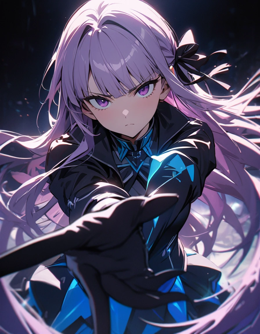 (kirigiri kyoko), cool, dramatic pose, (masterpiece, best quality, ultra detailed), (cinematic lighting), blue idol costume, (pov, ), (looking at viewer), incoming hug, (extremely close-up of face, ), kindly, gently, perfect anatomy, serious, 