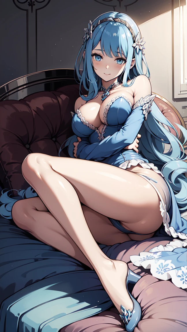 Wear an elegant and elegant modern sheer dress,Intricately designed clothing,exquisite clothing,Long curly hair,modern goddess,Light blue eyes,Sophisticated modern clothing,breast view, panty view. night,She appeared in the bedroom of a luxury hotel,lying position,8k,High resolution