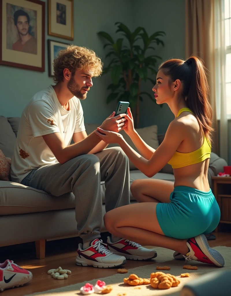 21 years old angry man lying on the couch with a smart phone in his hands, angry women grabing smartpnove out of his hands,messy blonde hair, unshaved, wearing white t-shirt with fat spots, wearing old long grey pants, messy appartments,a lot of snacks lying on the ground, , fit tall women, 20 years old woman, deep green eyes, american natinality, beautiful face, femine body shape, perfect abs, pronounced musculature, pony tail haircut. deep brown hair, weariing luxury sports costume, bright yellow sports top, cian sports shorts, red and white women's sneakers, digital art, best quality, 8k, award winning, super detail, masterpiece, UHD