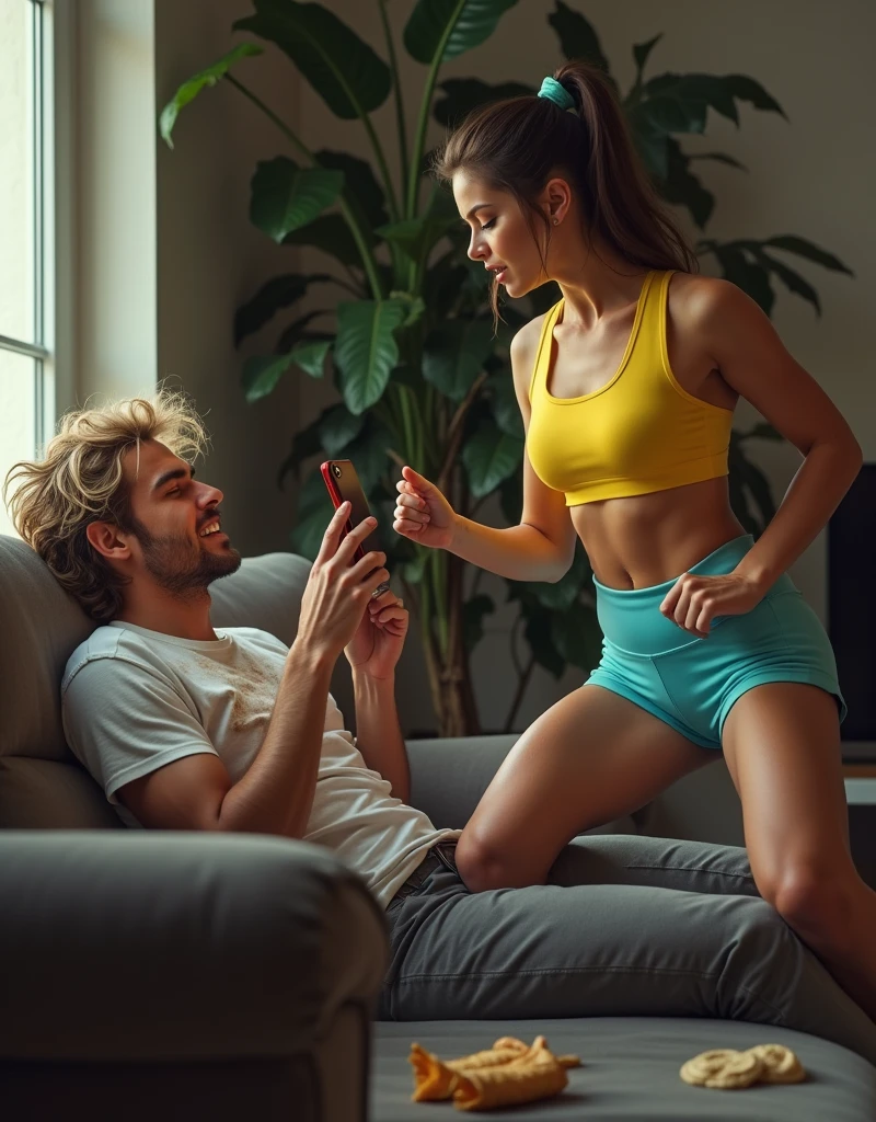  21 years old angry man lying on the couch with a smart phone in his hands, angry women grabing smartpnove out of his hands,messy blonde hair, unshaved, wearing white t-shirt with fat spots, wearing old long grey pants, messy appartments,a lot of snacks lying on the ground, , fit tall women, 20 years old woman, deep green eyes, american natinality, beautiful face, femine body shape, perfect abs, pronounced musculature, pony tail haircut. deep brown hair, weariing luxury sports costume, bright yellow sports top, cian sports shorts, red and white women's sneakers, digital art, best quality, 8k, award winning, super detail, masterpiece, UHD
