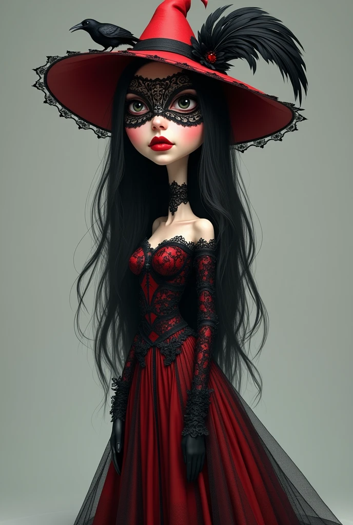 **4d caricature of a beautiful woman with a big, realistic head, long black hair, wearing a red hat with a black raven on it, a black ribbon & a large black feather, she wears a black & red lacy half mask with an intricate pattern, she has bright red matte lips , black & red lace dress with high lace collar, black boots background,**