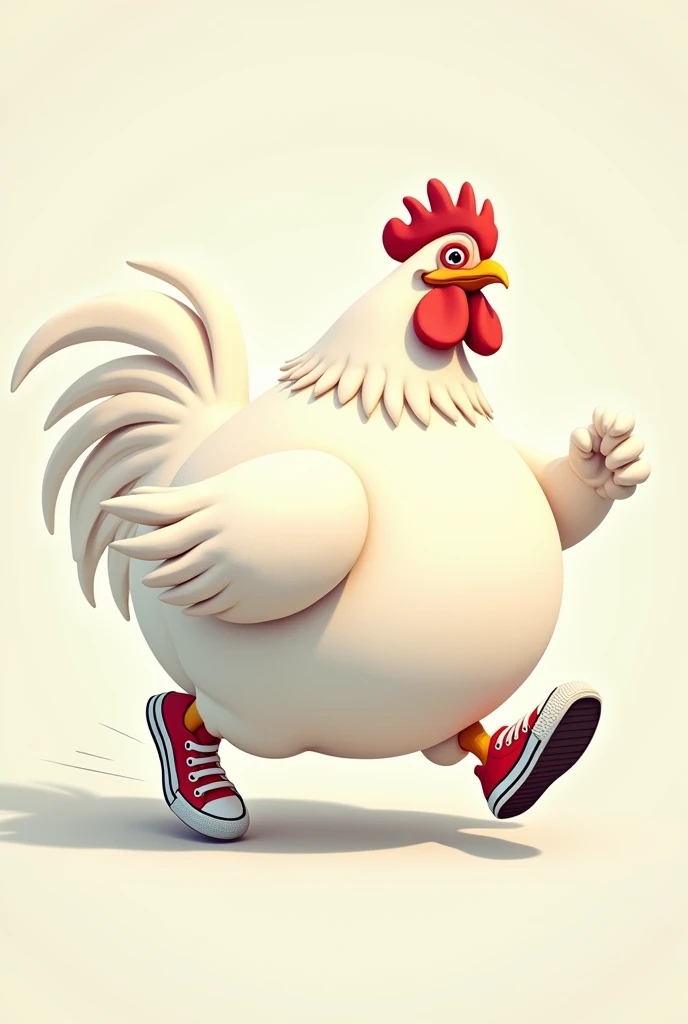 A fat white rooster running fast with tennis shoes on animatedly