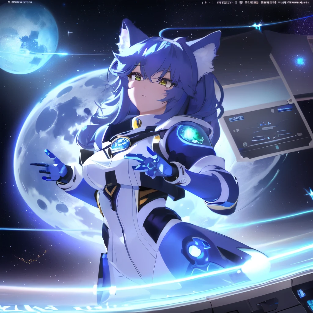 A close-up of a person holding a cell phone in front of a planet., star fox krystal, monitoring echo, high resolution commission, Fully robotic!! cat girl, desktop wallpaper, moon themed outfit, Anthro Art, female fursona, Ahri, silver fox art, anthro leg pov art, fursona art, portrait den masterpiece