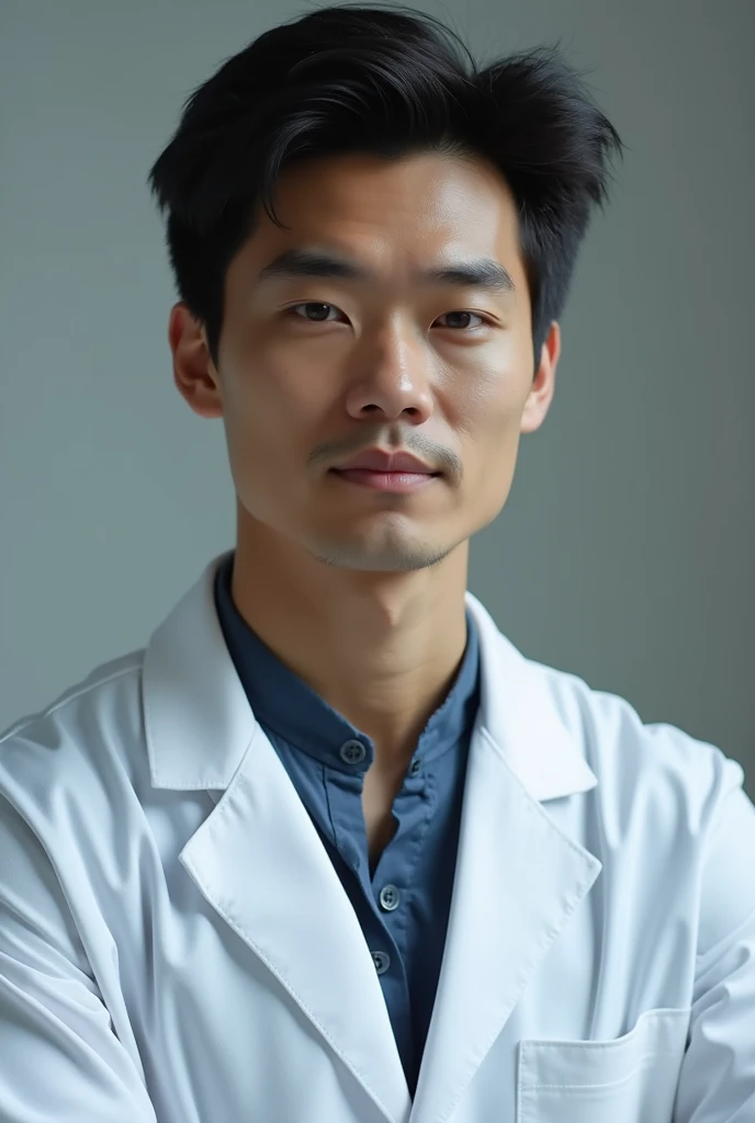 Black-haired man in a lab coat