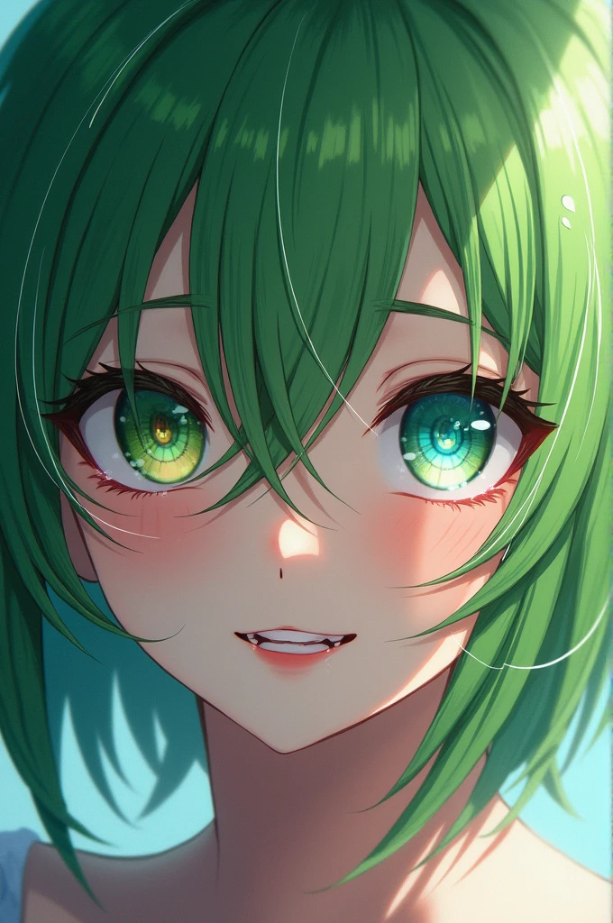 Anime girl with short green hair that covers left eye and orange highlights, one eye color is green and the other eye is blue, teeth like smile, pale skin,
