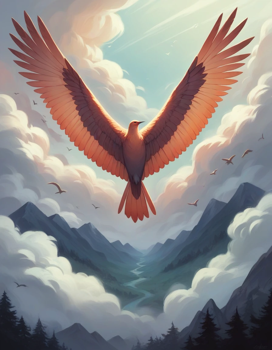 Create beautiful pictures of birds flying in the sky with beautiful mountain views and beautiful grasslands, beautifully created and realistic, 4K clarity.