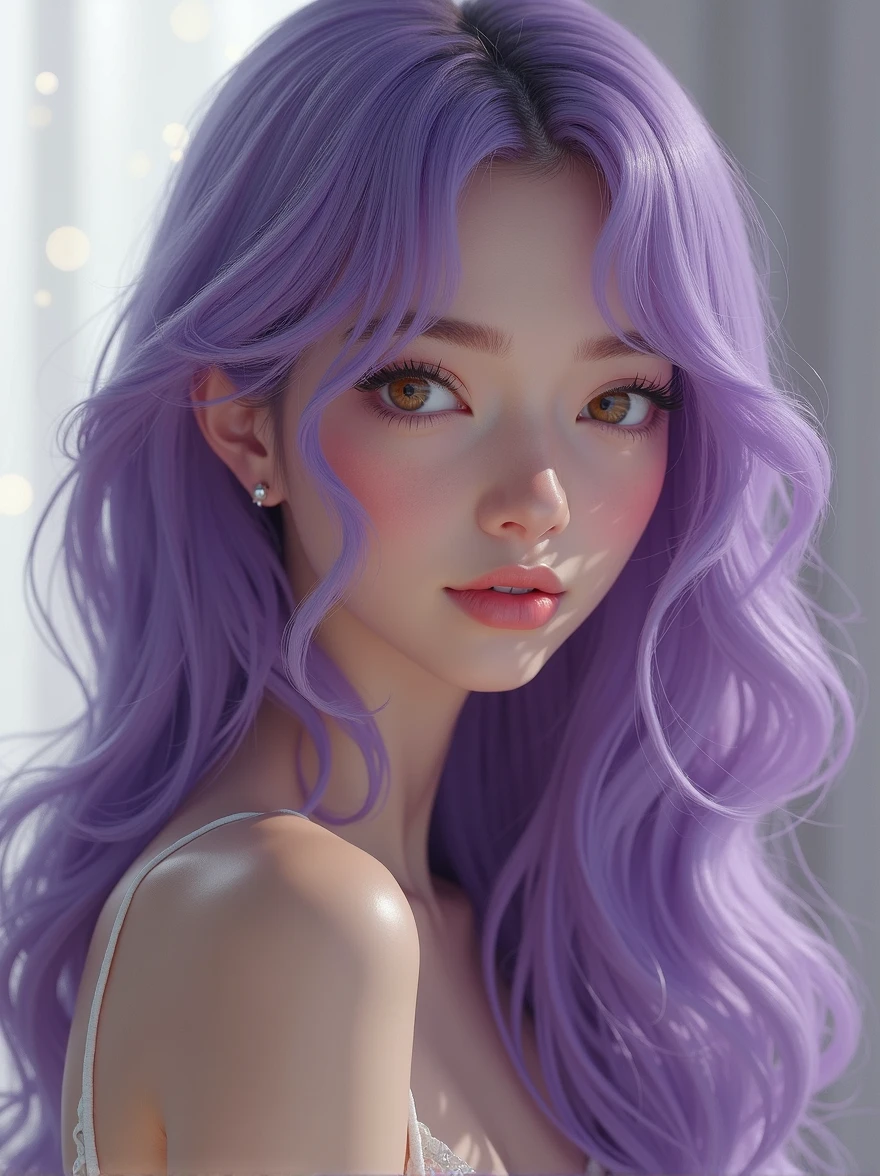 Create an ultra-realistic cute girl with long purple hair, honey-colored eyes, and a light skin tone