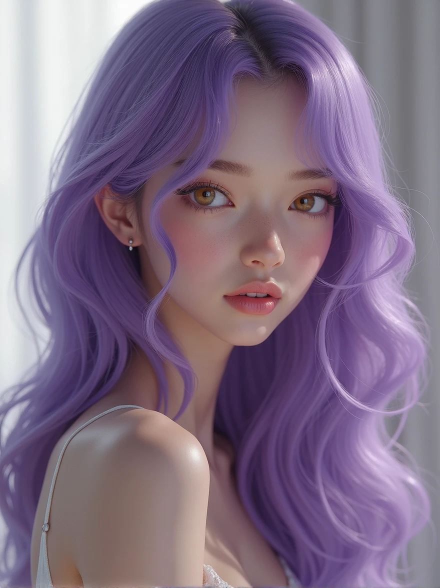 Create an ultra-realistic cute girl with long purple hair, honey-colored eyes, and a light skin tone