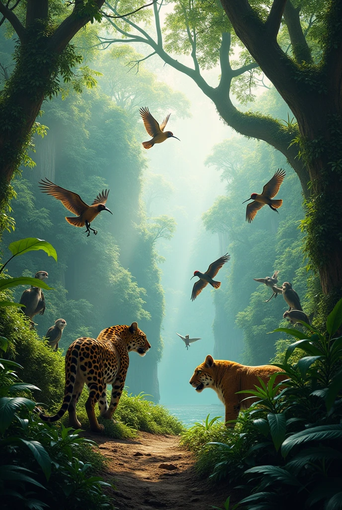 Make an image of the Amazon rainforest with untouched animals 