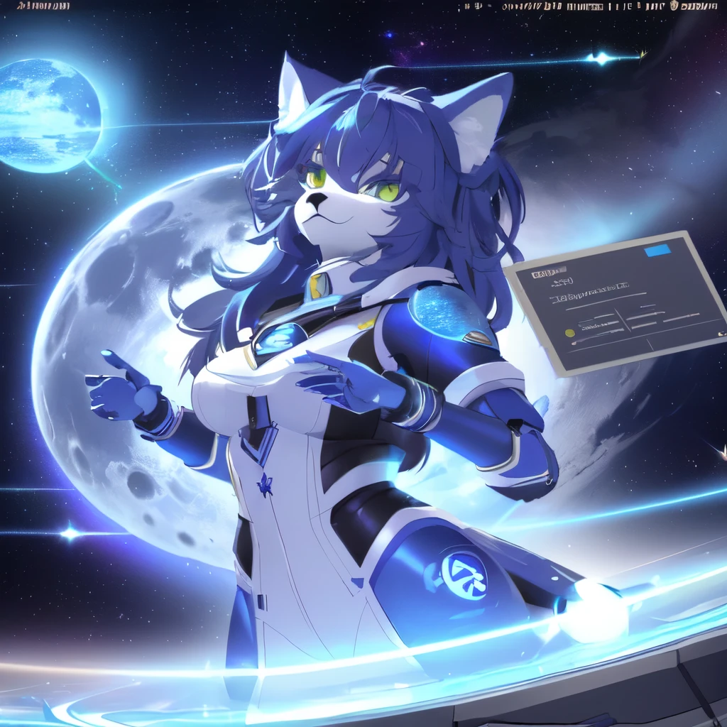 A close-up of a person holding a cell phone in front of a planet., star fox krystal, monitoring echo, high resolution commission, Fully robotic!! cat girl, desktop wallpaper, moon themed outfit, Anthro Art, female fursona, Ahri, silver fox art, anthro leg pov art, fursona art, portrait den masterpiece