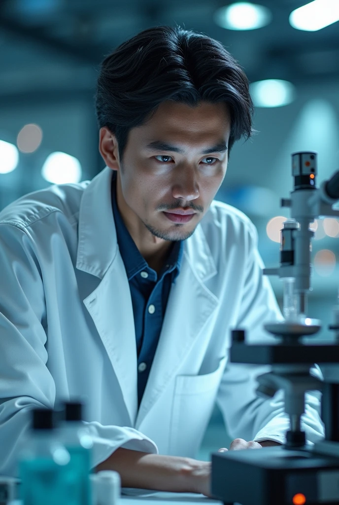 Black-haired man in a lab coat