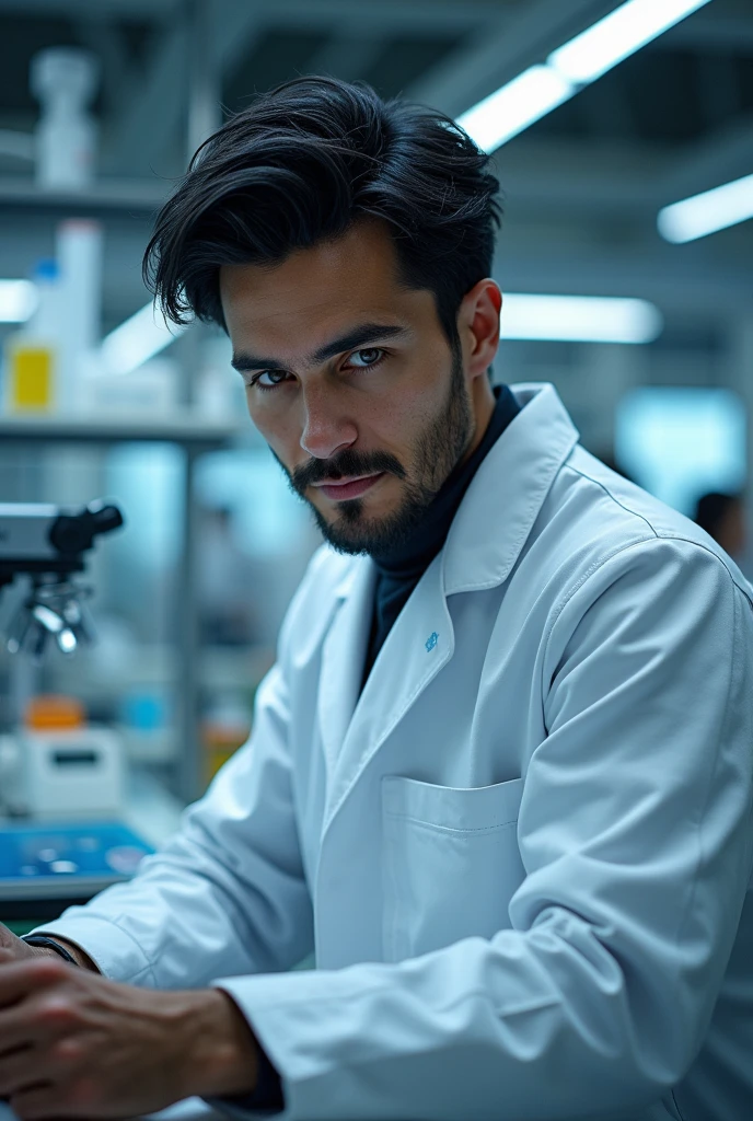 Black-haired man in a lab coat