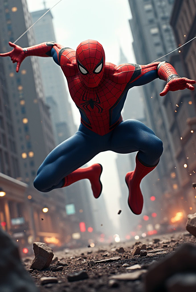 Generate a picture of Spiderman shooting webs on enemy