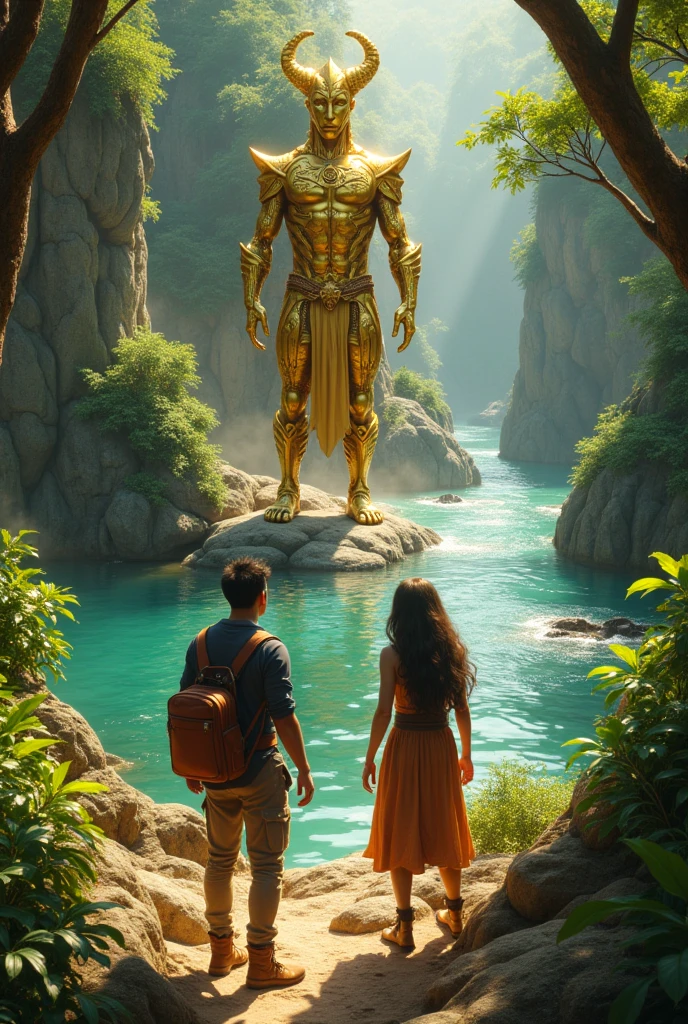 Following the trail, Pedro and Laura arrived at a sparkling river, guarded by a golden ancient humanoid.

The fish challenged them to a riddle to cross the river. 
