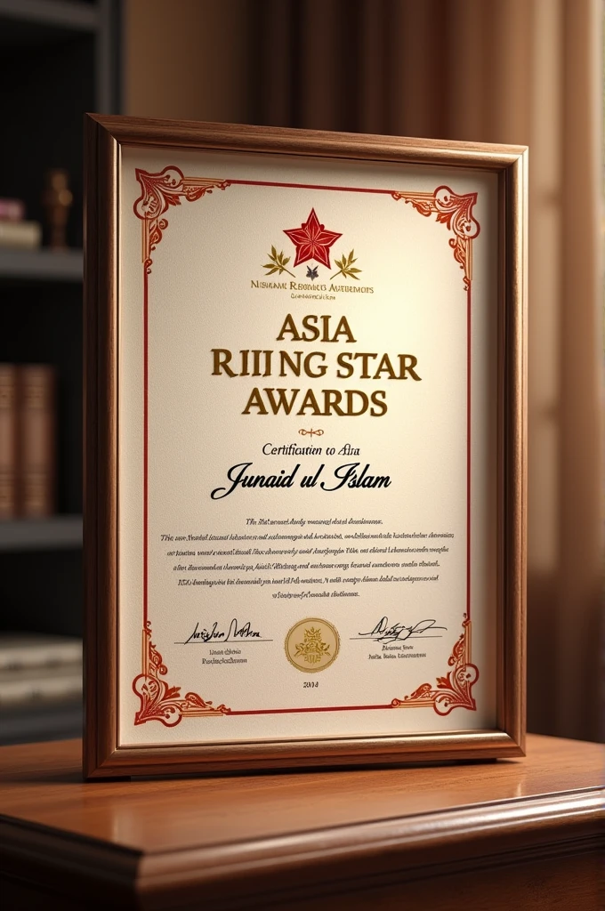 A certificate of appreciation with title asia rising star awards and thanking junaid ul islam for participating into it.