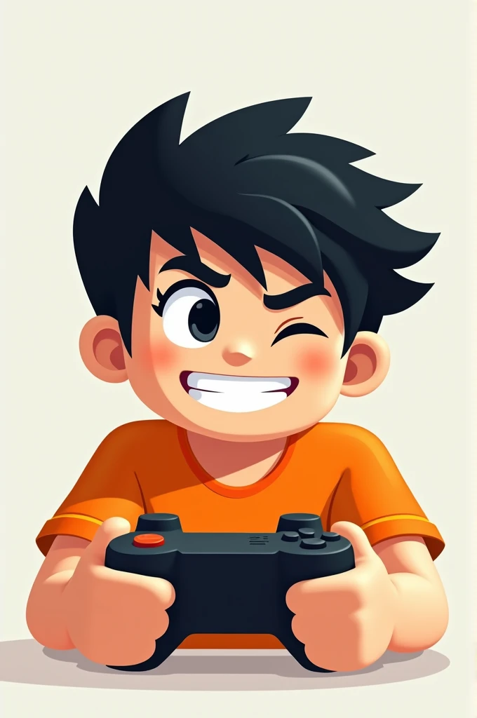 Minecraft logo of a black-haired boy who is a gamer with an orange shirt and winking