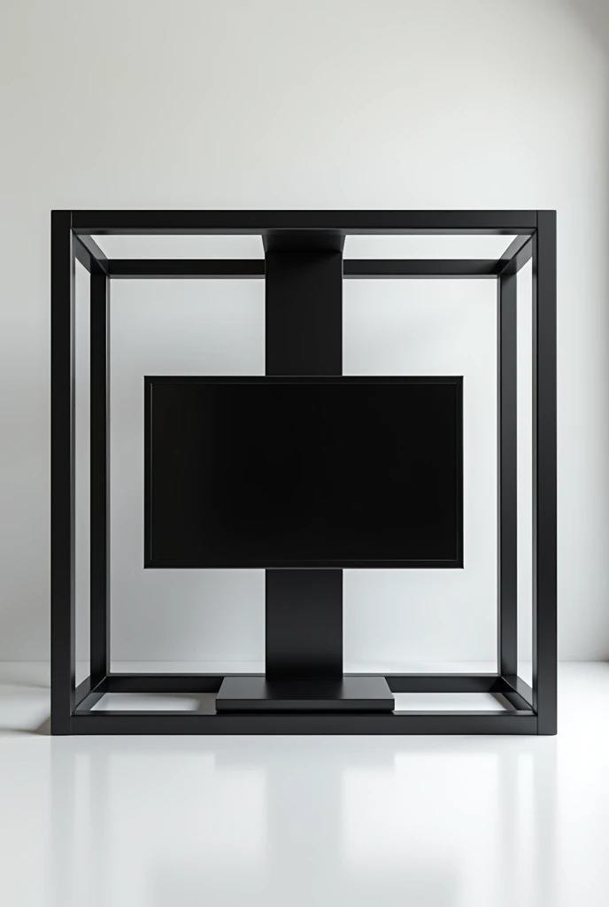 A rectangle tv unit rotaating tv and it fixed in black iron bars 
